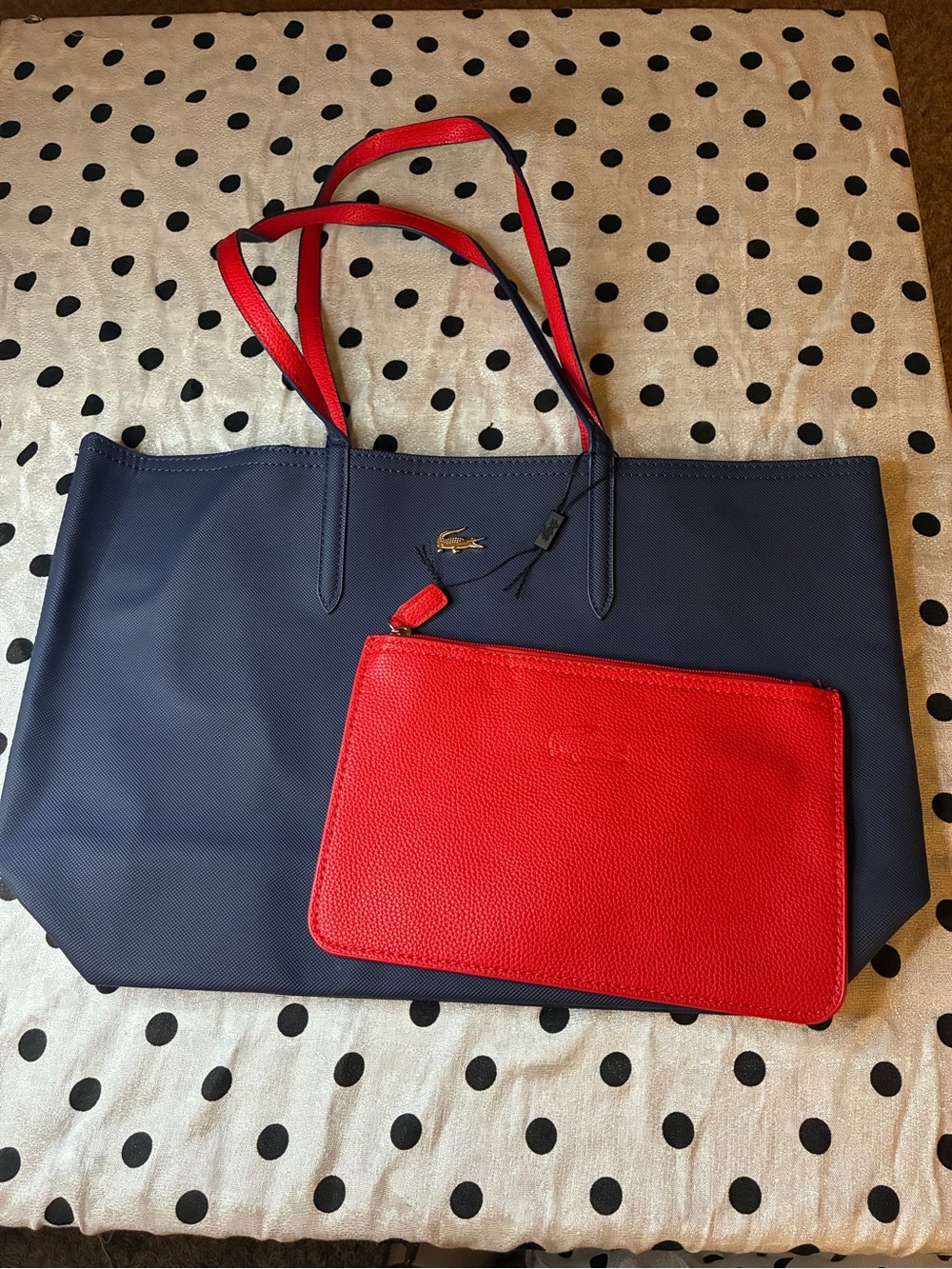 Lacoste Reversible Navy Red Large Tote Bag w/ Zip Pouch